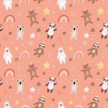 Cute kids bear seamless pattern. Cartoon bears characters like panda, koala, grizzly, polar, sloth. Scandinavian flat style, baby design for cards, posters, t-shirt print.