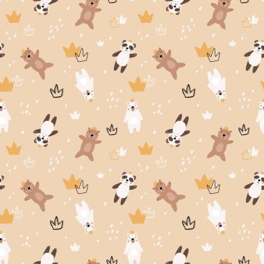 Cute kids bear seamless pattern. Cartoon bears characters like panda, koala, grizzly, polar, sloth. Scandinavian flat style, baby design for cards, posters, t-shirt print.