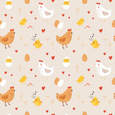 Seamless pattern with rooster, hen and chicks. Chicken with brood. Cute lovely family of domestic fowl or poultry birds. Childish flat cartoon vector illustration.