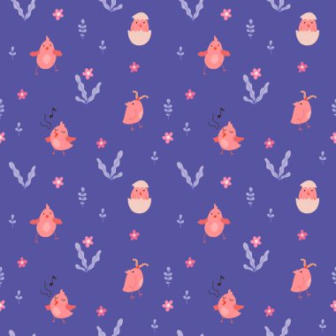 Seamless pattern with cute cartoon chicks. Easter festive illustration. Cute lovely family of domestic fowl or poultry birds. Childish flat cartoon vector illustration.