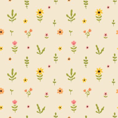 Vector color hand-drawn children cute easter seamless pattern with hens, bunny, easter eggs, flowers in scandinavian style. Easter colorful set. Doodle cartoon spring background. Happy easter.
