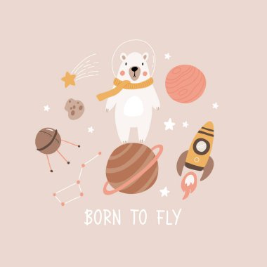 Space adventure polar bear. Cartoon bear, hand drawing lettering, decor elements. Pastel vector illustration for kids. Scandinavian flat style. baby design for cards, posters, t-shirt print.