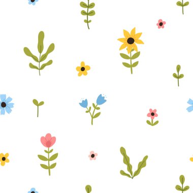 Vector color hand-drawn children cute easter seamless pattern with hens, bunny, easter eggs, flowers in scandinavian style. Easter colorful set. Doodle cartoon spring background. Happy easter.