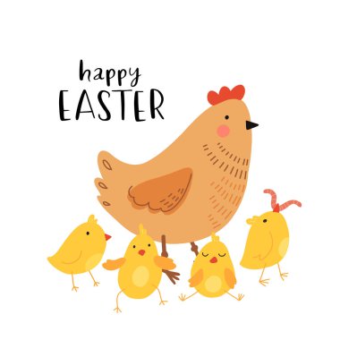 Vector color hand-drawn children cute easter poster with chicken and chicks in scandinavian style on a white background. Easter set. Spring. Happy easter.