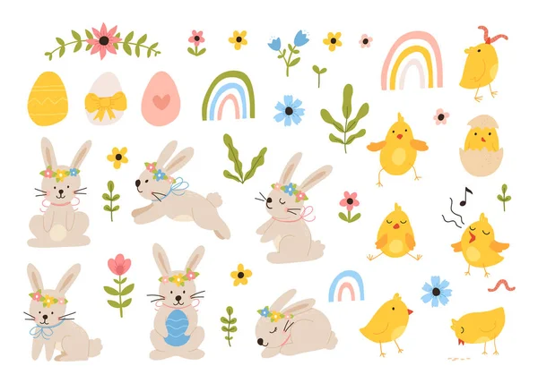 Vector Color Hand Drawn Children Cute Easter Set Bunny Chick — Stock Vector