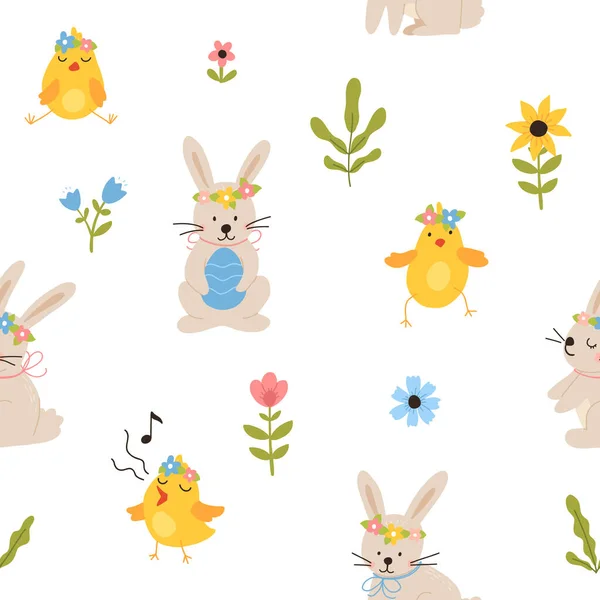 Vector Color Hand Drawn Children Cute Easter Seamless Pattern Hens — Stockvektor