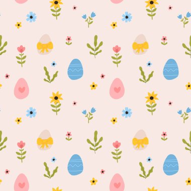 Vector color hand-drawn children cute easter seamless pattern with hens, bunny, easter eggs, flowers in scandinavian style. Easter colorful set. Doodle cartoon spring background. Happy easter.