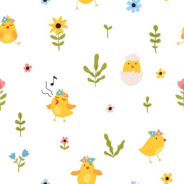 Vector color hand-drawn children cute easter seamless pattern with hens, bunny, easter eggs, flowers in scandinavian style. Easter colorful set. Doodle cartoon spring background. Happy easter.