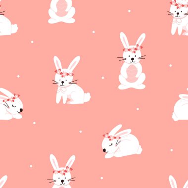 Vector color hand-drawn children cute easter seamless pattern with hens, bunny, easter eggs, flowers in scandinavian style. Easter colorful set. Doodle cartoon spring background. Happy easter.