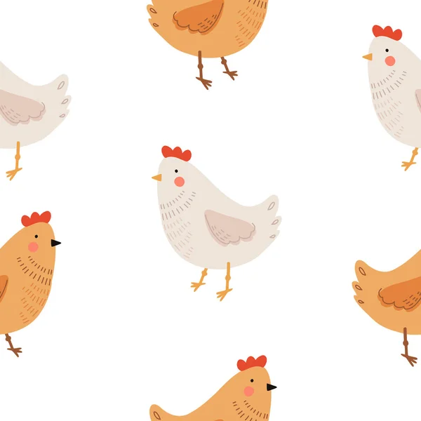 母鸡的无缝隙图案 小鸡与小鸡 可爱的家庭家禽或家禽鸟 儿童平面卡通矢量插图 — 图库矢量图片