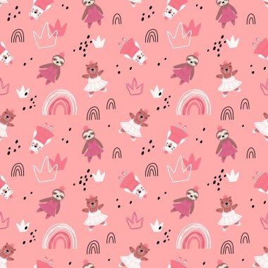 Seamless pattern with cute funny little ballerina bears, polar, grizzly, panda, sloth, koala. Vector kids illustration. Scandinavian style flat design. Cartoon children concept.