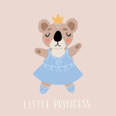 Küçük prenses, sevimli komik balerin koala. Vektör çocuk çizimi. İskandinav tarzı düz tasarım. Çizgi film çocuk konsepti.