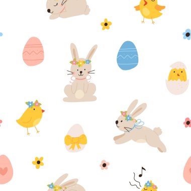 Vector color hand-drawn children cute easter seamless pattern with hens, bunny, easter eggs, flowers in scandinavian style. Easter colorful set. Doodle cartoon spring background. Happy easter.