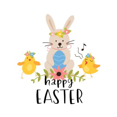 Vector color hand-drawn children cute easter poster with bunny, wreath of flowers in scandinavian style on a white background. Easter set. Spring. Happy easter.
