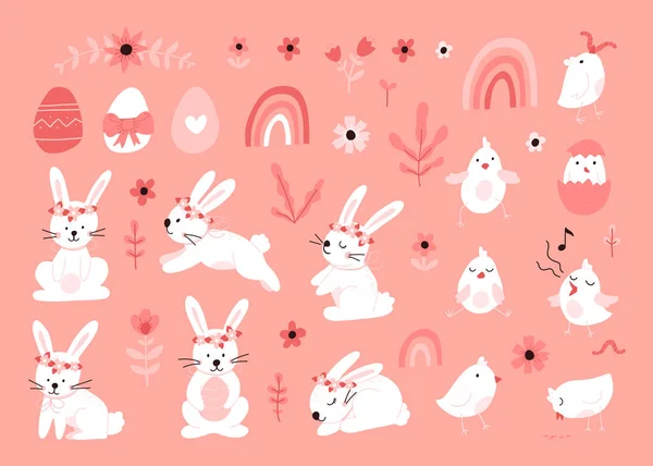 Vector Color Hand Drawn Children Cute Easter Set Bunny Chick — Stockvektor