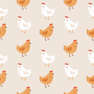 Tavuklarla kusursuz desen. Yavrulu tavuk. Evcil kümes hayvanlarından ya da kümes hayvanlarından oluşan sevimli bir aile. Çocuksu düz çizgi film vektör çizimi.