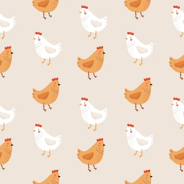 Seamless Pattern Hens Chicken Brood Cute Lovely Family Domestic Fowl — Stock Vector