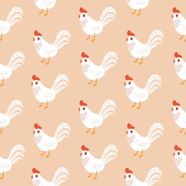 Horozda kusursuz desen var. Yavrulu tavuk. Evcil kümes hayvanlarından ya da kümes hayvanlarından oluşan sevimli bir aile. Çocuksu düz çizgi film vektör çizimi.