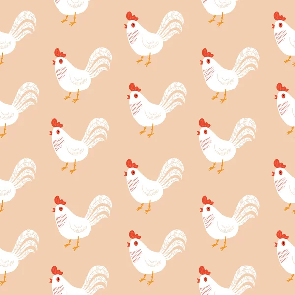 Seamless Pattern Rooster Chicken Brood Cute Lovely Family Domestic Fowl — Stock Vector