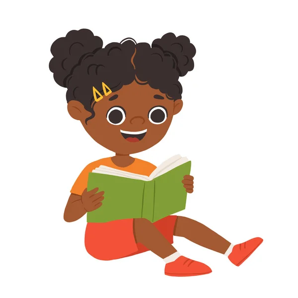 Γελοιογραφία Κορίτσι Του Χρώματος Κάθεται Και Διαβάζοντας Ένα Βιβλίο — Διανυσματικό Αρχείο
