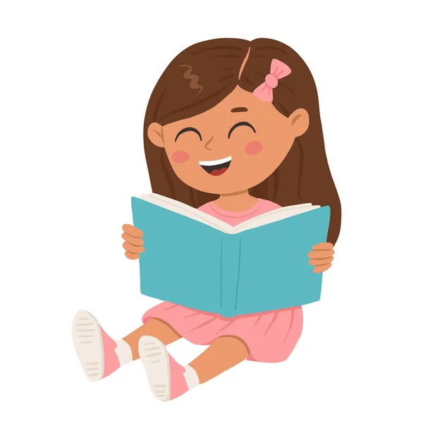 Chica Dibujos Animados Vestido Rosa Sentado Leyendo Libro — Archivo Imágenes Vectoriales