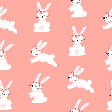 Vector color hand-drawn children cute easter seamless pattern with hens, bunny, easter eggs, flowers in scandinavian style. Easter colorful set. Doodle cartoon spring background. Happy easter.