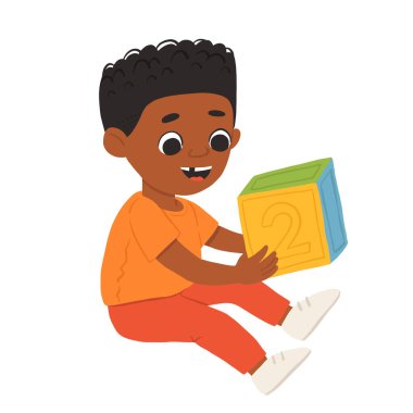 Çizgi filmci çocuk küp numarasıyla oynuyor ve gülümsüyor. Beyaz arkaplanda izole edilmiş şirin vektör illüstrasyonu.