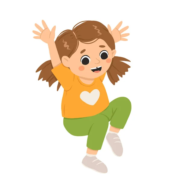 Cartoon Glückliches Mädchen Springen Und Lächeln Nette Vektorillustration Isoliert Auf — Stockvektor