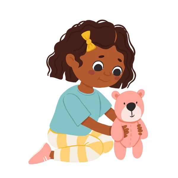 Cartoon Szczęśliwa Dziewczyna Koloru Gry Niedźwiedziem Uśmiechem Cute Wektor Ilustracji — Wektor stockowy