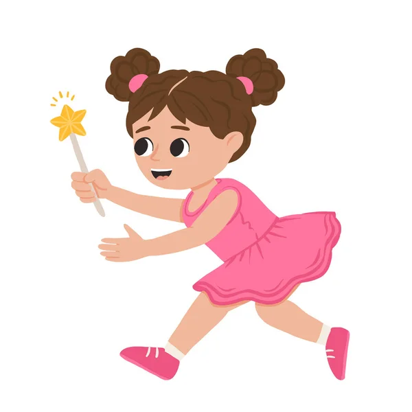 Dibujos Animados Chica Feliz Corriendo Con Varita Mágica Sonriendo Lindo — Archivo Imágenes Vectoriales
