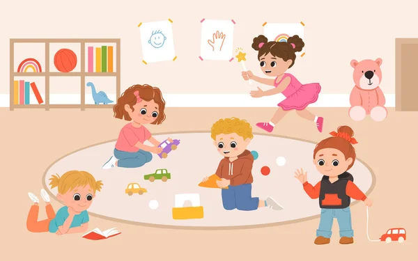 Діти Разом Грають Іграшки Ігри Дитячому Саду Мультяшна Ігрова Кімната Стокова Ілюстрація