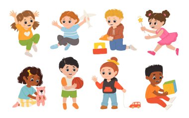 Çocuklar, çocuklar birlikte oynayıp eğleniyorlar. Keyfleri yerinde, oyun odasında, oyun alanında oynuyorlar. Anaokulu çocukları eğleniyor. Anaokulunda, anaokulunda çocuk aktivitesi.