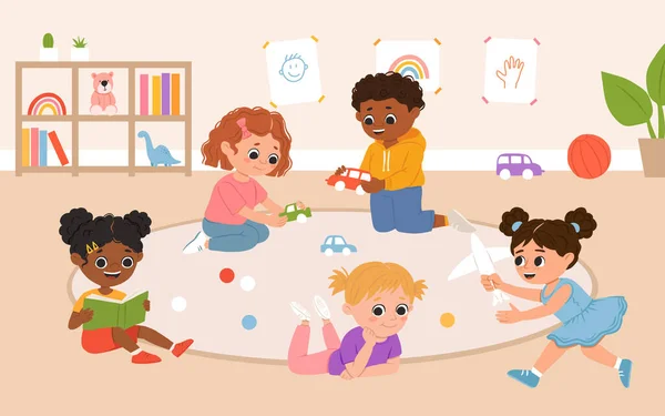 子供たちは幼稚園で一緒におもちゃやゲームをプレイします 多人種の子供と漫画のプレイルーム — ストックベクタ