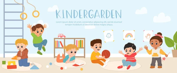 Kinderen Spelen Samen Speelgoed Spelletjes Kleuterschool Cartoon Speelkamer Met Kinderen — Stockvector
