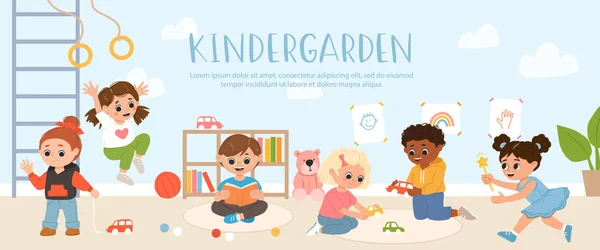 Kinderen Spelen Samen Speelgoed Spelletjes Kleuterschool Cartoon Speelkamer Met Multiraciale — Stockvector