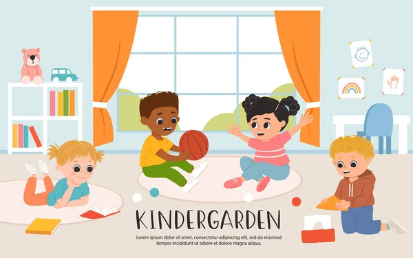 孩子们一起玩玩具和游戏 一起在花园里看书 有多种族儿童的卡通游戏室 — 图库矢量图片