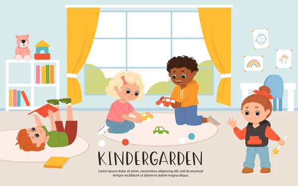Crianças Jogam Brinquedos Jogos Lendo Livros Juntos Jardim Infância Sala Vetores De Bancos De Imagens Sem Royalties