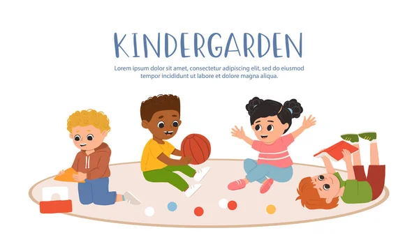 Kinder Spielen Kindergarten Gemeinsam Spielzeug Und Spiele Cartoon Spielzimmer Mit — Stockvektor