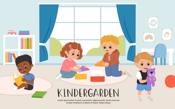 孩子们一起玩玩具和游戏 一起在花园里看书 有多种族儿童的卡通游戏室 — 图库矢量图片