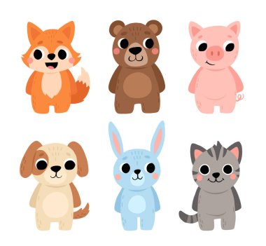 Bebek kartı ve davetiyesi için çizgi filmlerdeki şirin hayvanlar. Vektör çizimi. Köpek, tavşan, ayı, kedi, tilki, domuz