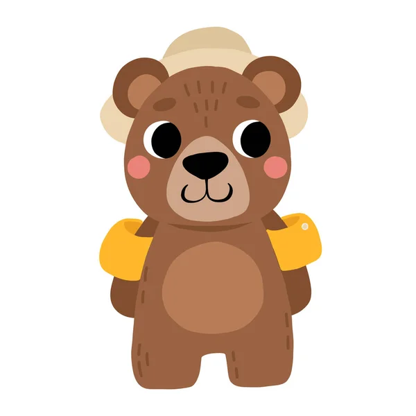 Cute Cartoon Brown Bear Hat Isolated Summer Vector Illustration Childrens — Stock Vector