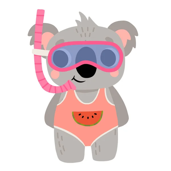 Cute Kreskówki Koala Dziecko Strój Kąpielowy Podwodne Maski Uśmiechając Izolowana — Wektor stockowy