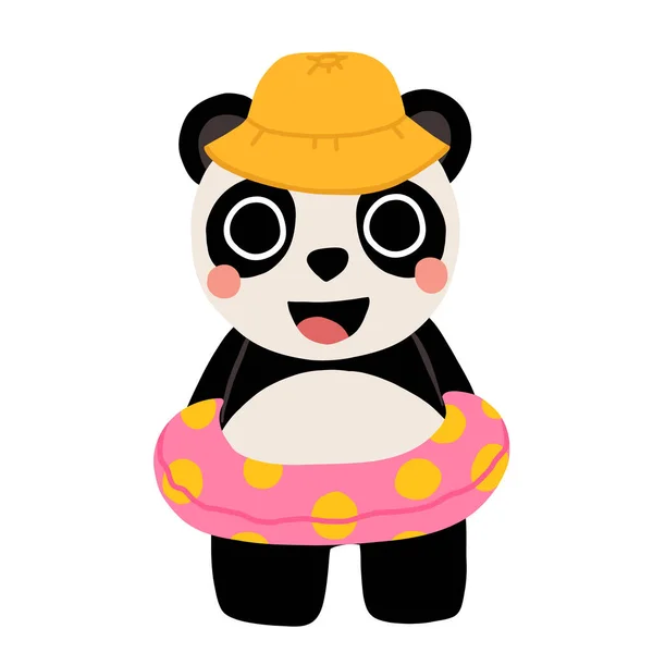 可爱的卡通人物 戴着帽子的熊猫宝宝 戴着泳圈笑着 儿童读物中孤立的病媒图解 — 图库矢量图片