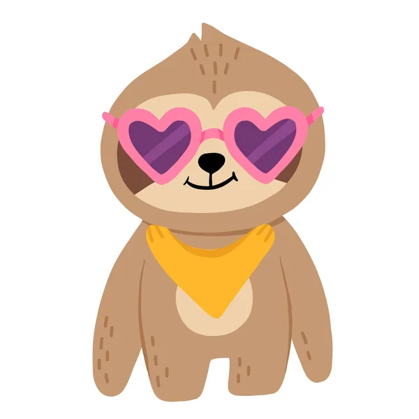 Cute Cartoon Baby Sloth Heart Shaped Sunglasses Smiling Isolated Vector — Stock Vector