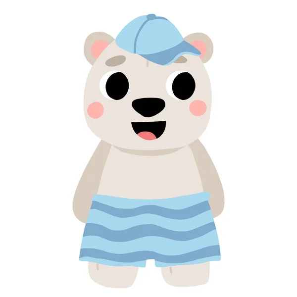 Cute Cartoon Baby Polar Bear Hat Swim Shorts Smiling Isolated — Stock Vector