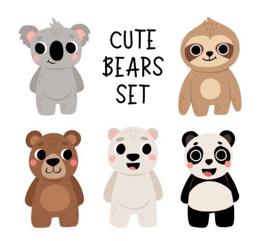 Cute bear set. Panda, koala, grizzly, polar, sloth. Kawaii cartoon character. Baby greeting card template. Notebook cover, tshirt.