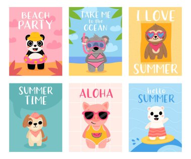 Plaj tatilindeki çizgi film hayvanlarıyla dolu yaz kartlarına merhaba. Sevimli ayı. Gülümseme, güneş banyosu ve sörf, eğlenceli poster seti. Tatildeki komik karakterler dinleniyor.