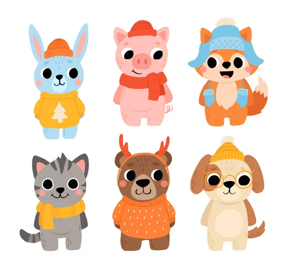 stock vector Cute wild and domestic animals set in winter clothes, including brown bear, cat, dog, pig, fox, and rabbit. Cartoon kids illustration with hats and sweaters.