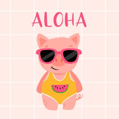 Güneş gözlüğü ve mayo giymiş sevimli yavru domuz gülümsemesi. Çocuk kitabı, poster ve tişörtü için yaz vektör illüstrasyonu