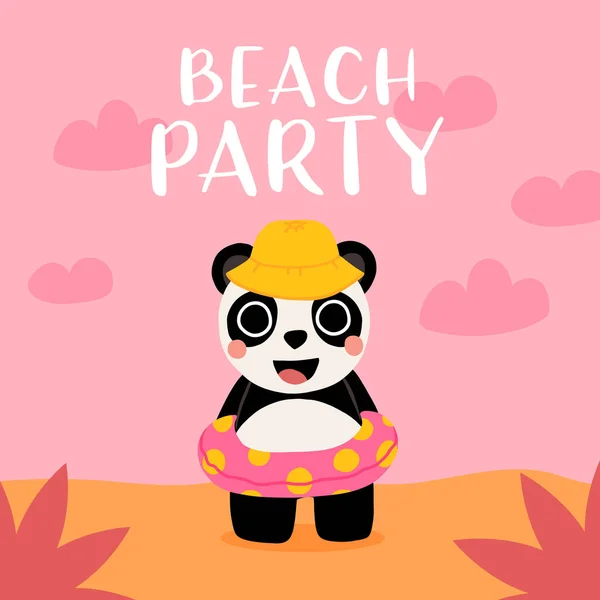 可爱的卡通片熊猫宝宝戴着帽子 在海滩上微笑着游动着戒指 儿童图书 T恤夏季病媒图解 — 图库矢量图片